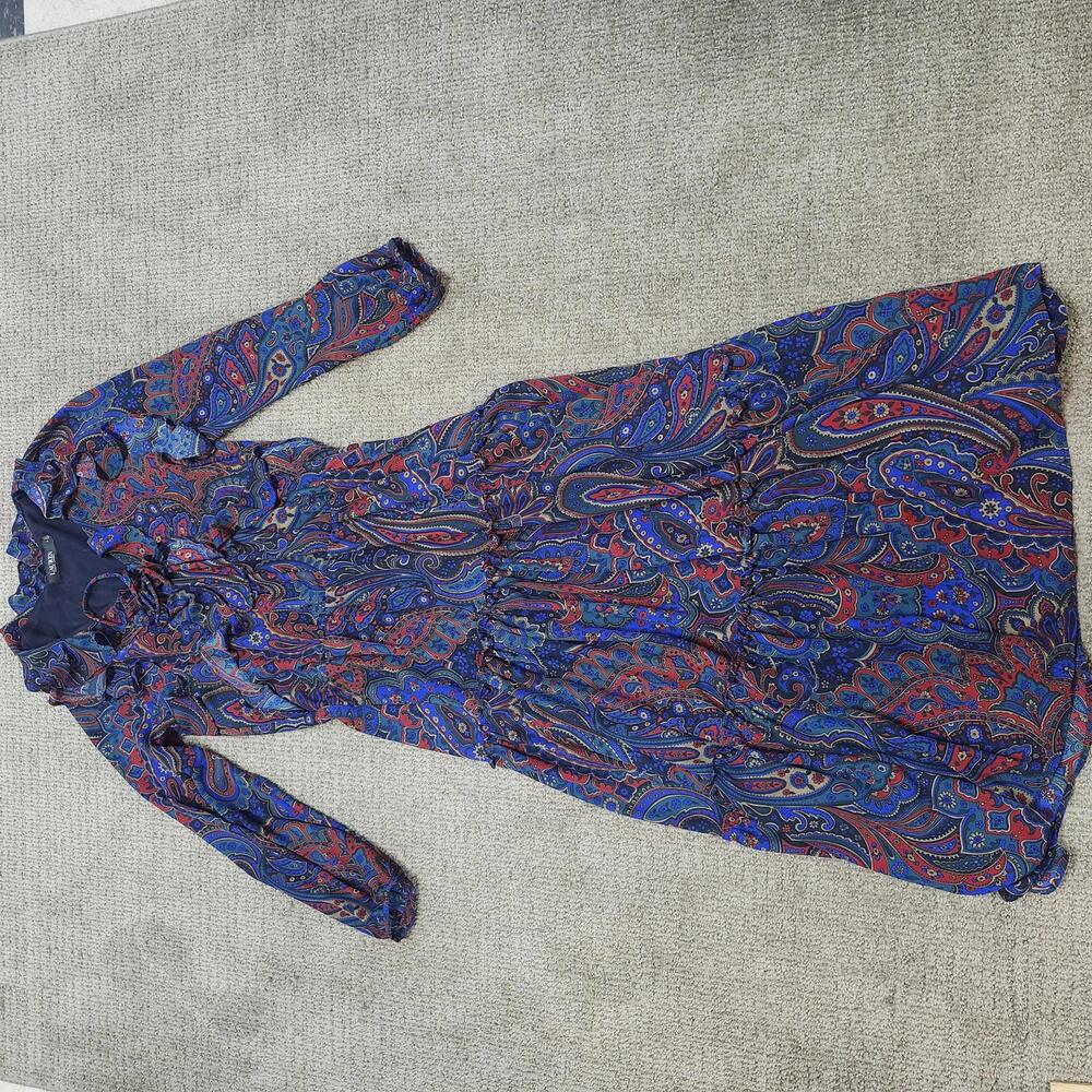Lauren Ralph Lauren Dress Paisley Georgette Maxi Ruffle Neck Long Sleeve Size 8